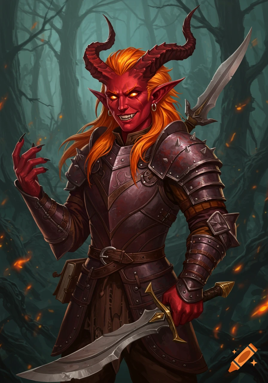 Red-skinned Tiefling character in armor holding swords in a forest.