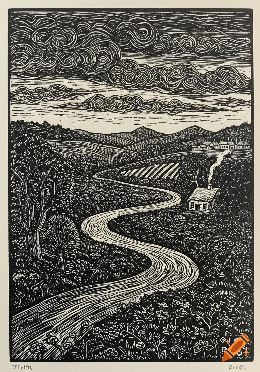 Black and white linocut of a landscape with a winding road, trees, fields, houses, and swirling clouds.