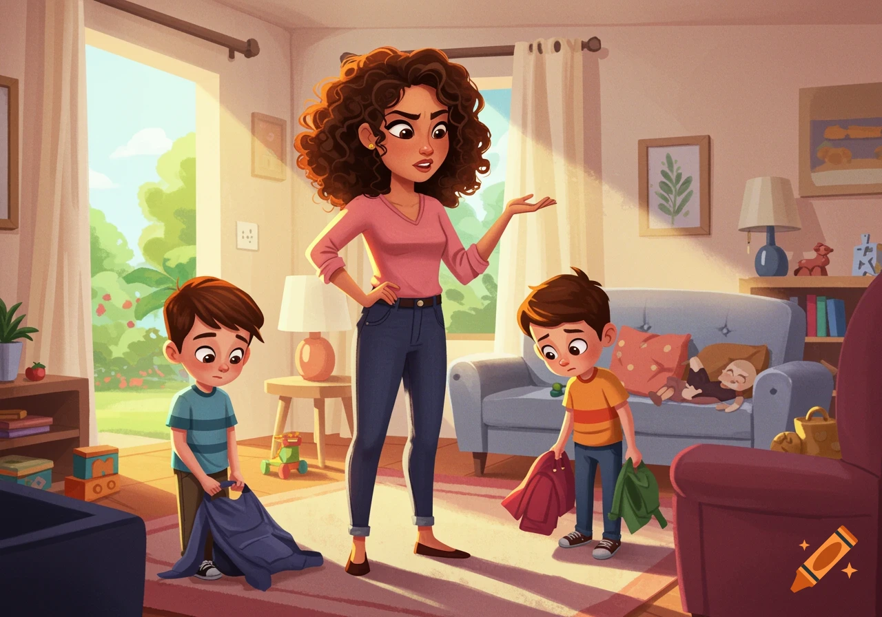 Cartoon illustration of a mother looking sternly at two sad boys in a living room as they hold clothes/backpacks.