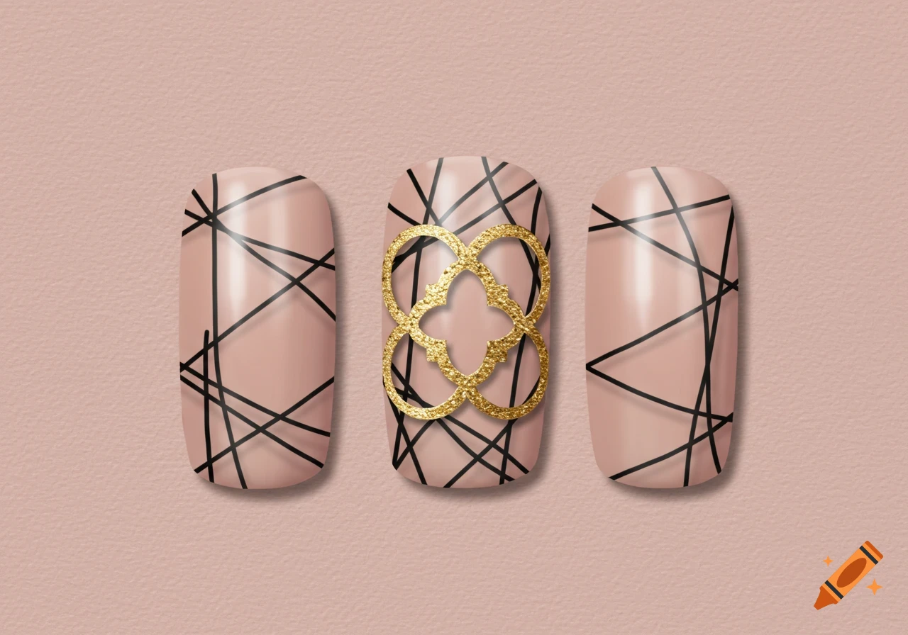 Three nails with nude polish, black lines, and a gold quatrefoil design