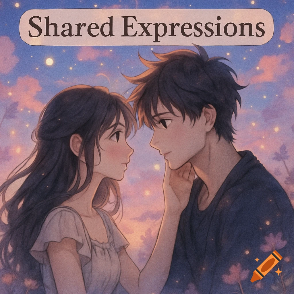 An anime couple looks at each other in a dreamy landscape with stars, labeled "Shared Expressions" at the top.