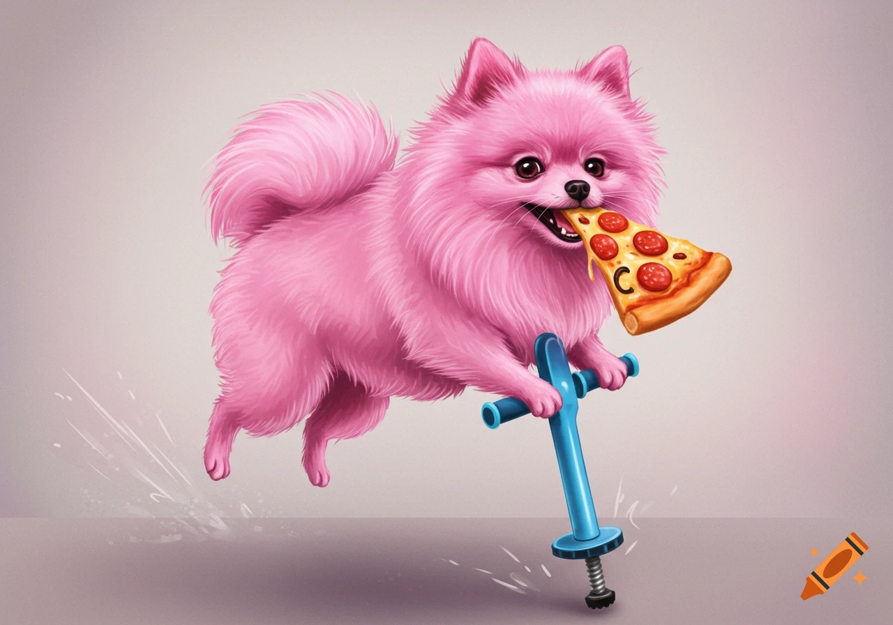 Pink Pomeranian jumps on a pogo stick while eating pizza.