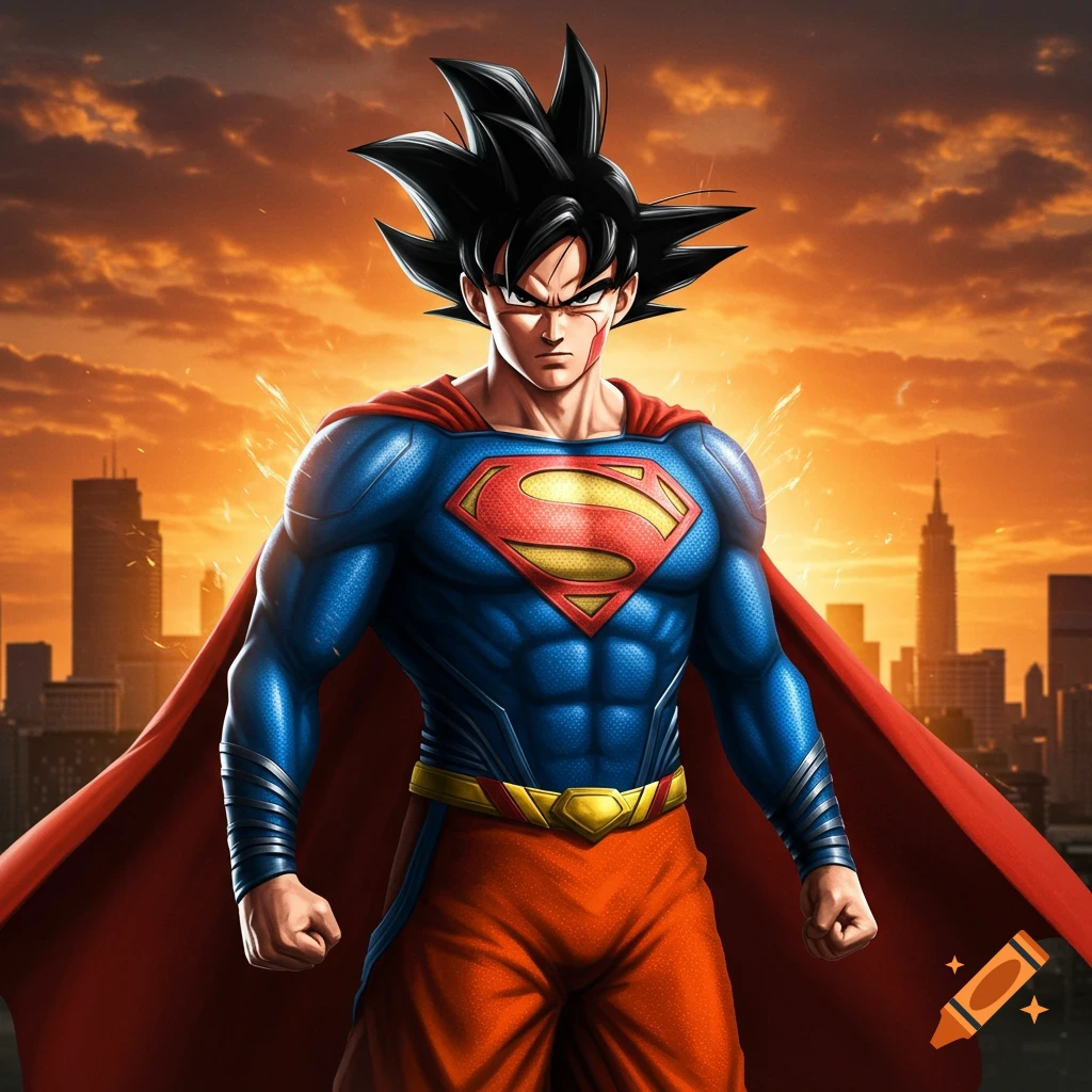 Muscular character fused from Goku and Superman in superhero costume with cape against city skyline at sunset.