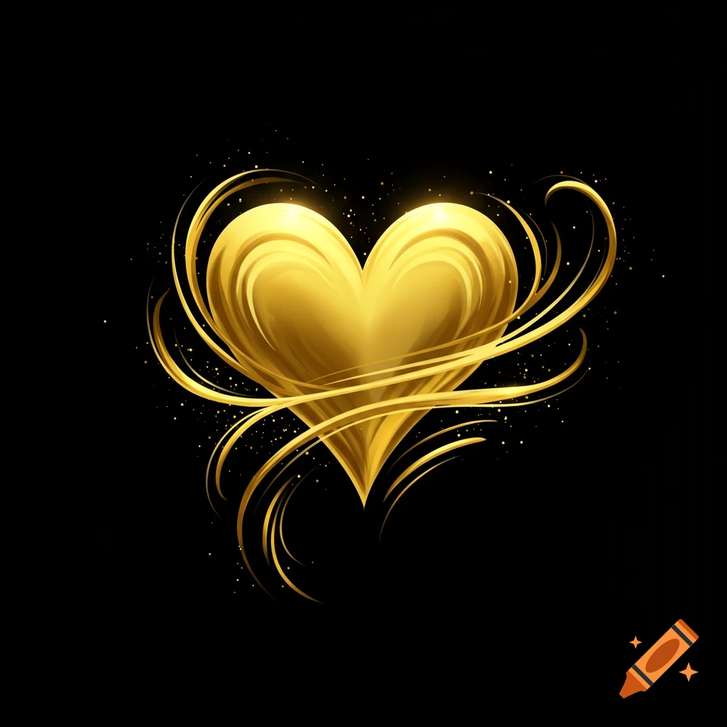 A golden heart shape made of swirling lines and sparkles on a black background.