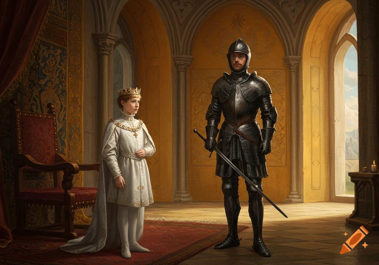 A young prince in white robes and a knight in black armor stand in a castle hall, in the style of an old painting.