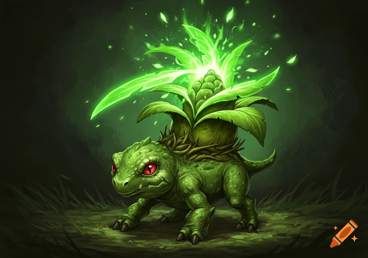Green reptilian creature with a glowing plant on its back in a dark forest.