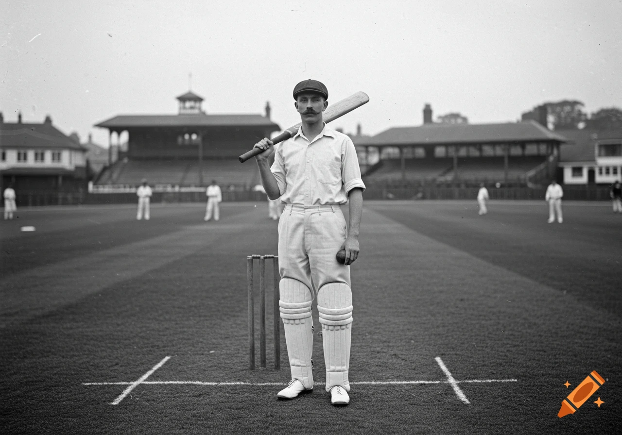 Black and white photo of a cricketer from the 1800s standing on a cricket field with a bat and ball.
