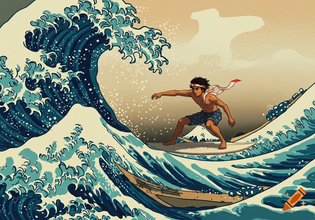 Anime style surfer riding a large wave with a mountain in the background, like a Japanese woodblock print.