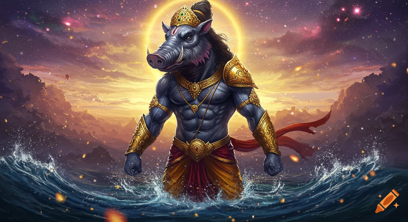 Lord Varaha, a boar-headed deity, is seen rising from a cosmic ocean under a celestial sky.