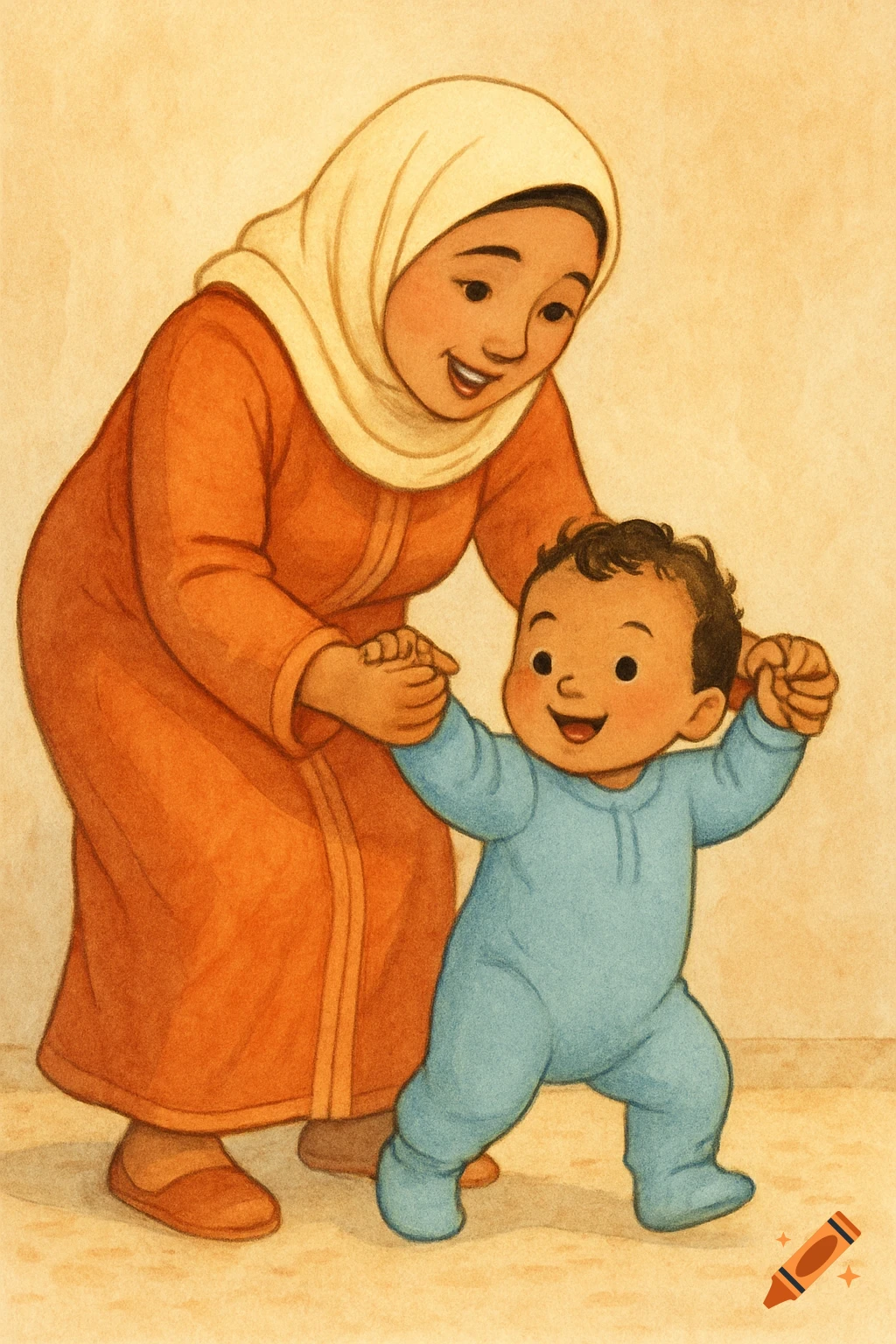 Illustration of a mother holding her baby's hands as he learns to walk, in a baby book art style.