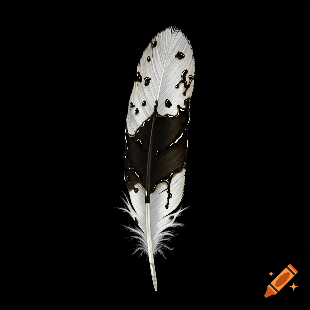 A white feather with black liquid dripping on it against a black background.