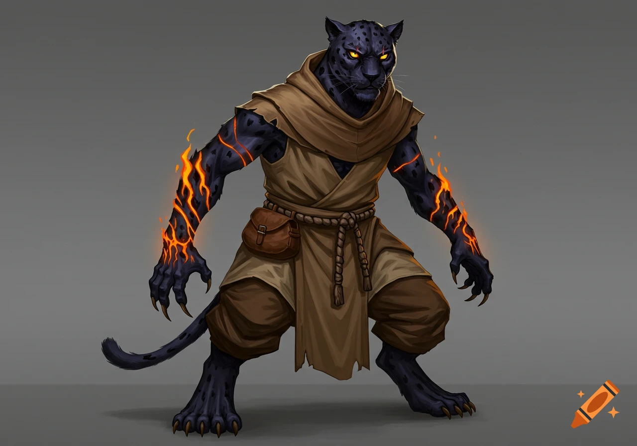 A black panther Tabaxi in a monk robe with glowing burn marks on its arms.