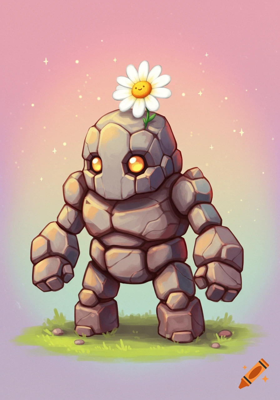 A cute chibi rock golem standing in grass with a daisy growing on its head.