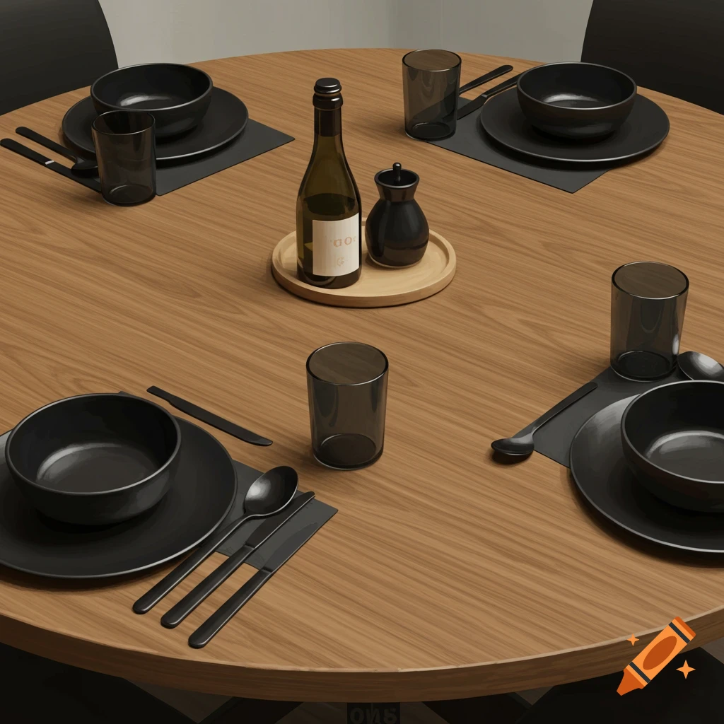 A round wooden table set with black dinnerware and glasses, with a wine bottle and shaker