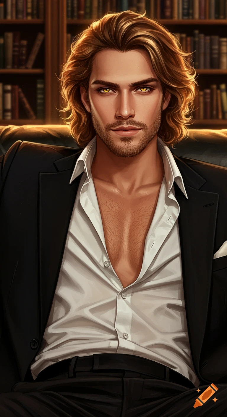 A handsome man with golden hair and eyes is in an unbuttoned suit in a library.