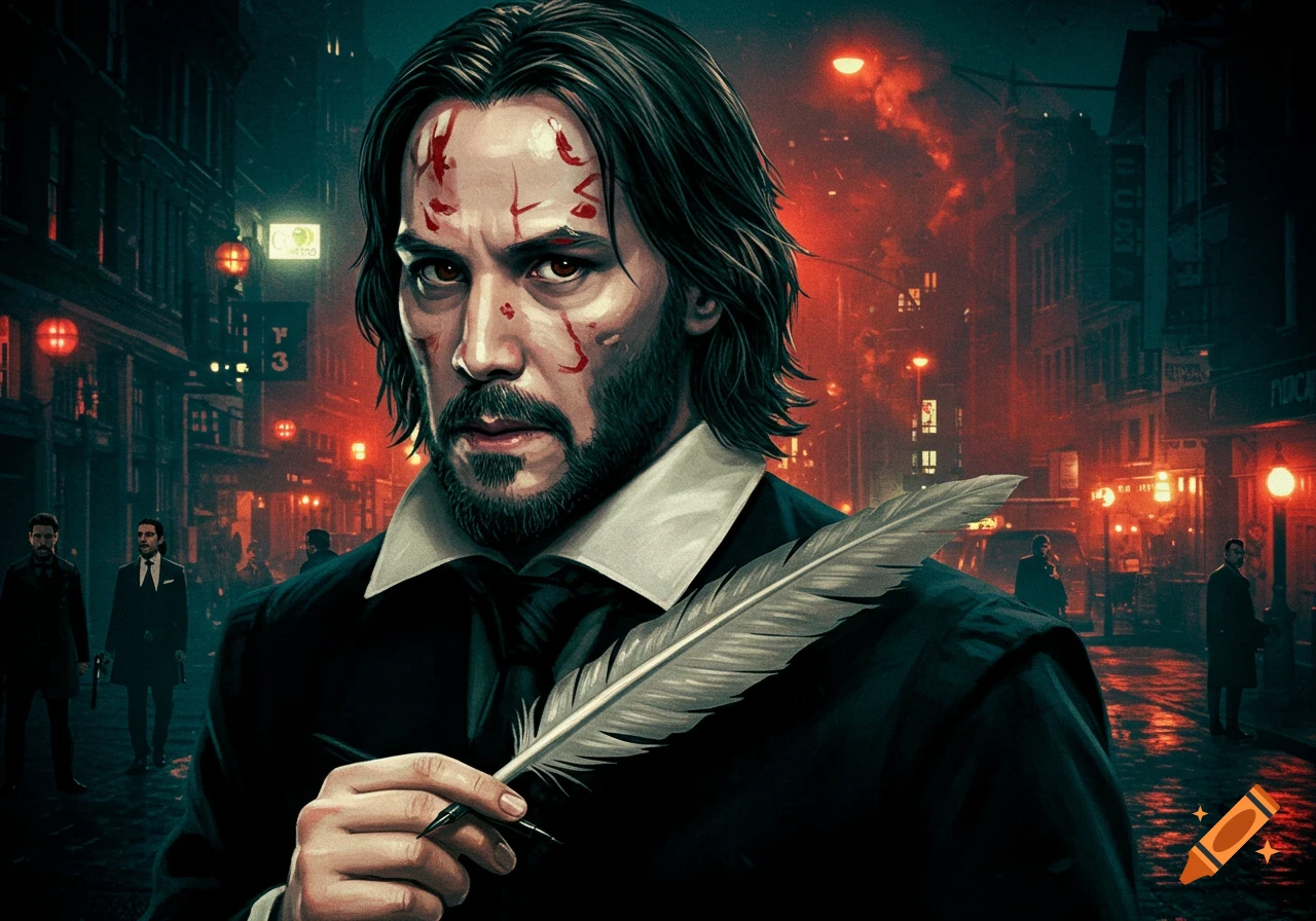 A man resembling John Wick with face scars, holding a quill in a dark, rainy city street.
