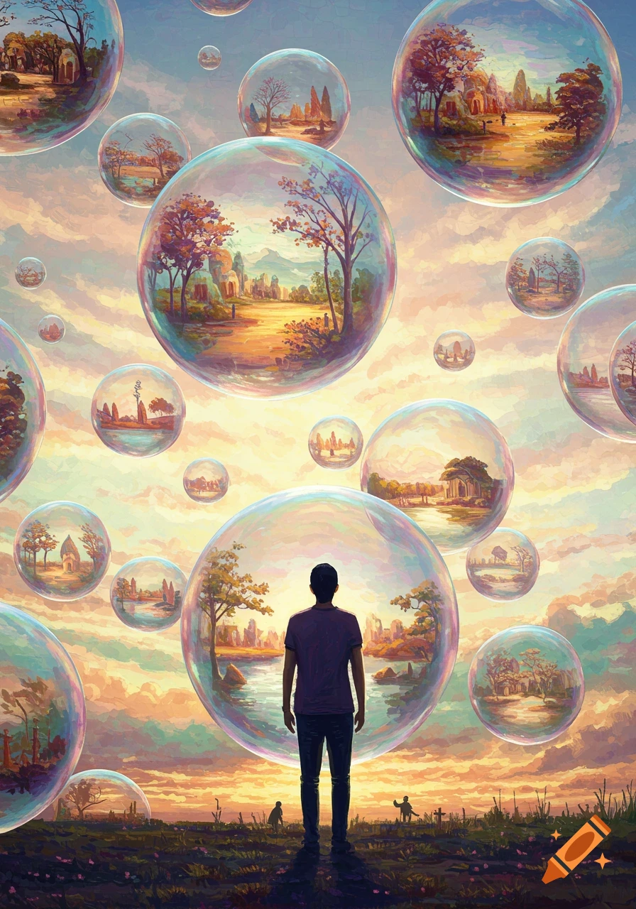 A person watching bubbles containing landscapes float in the sky at sunset.