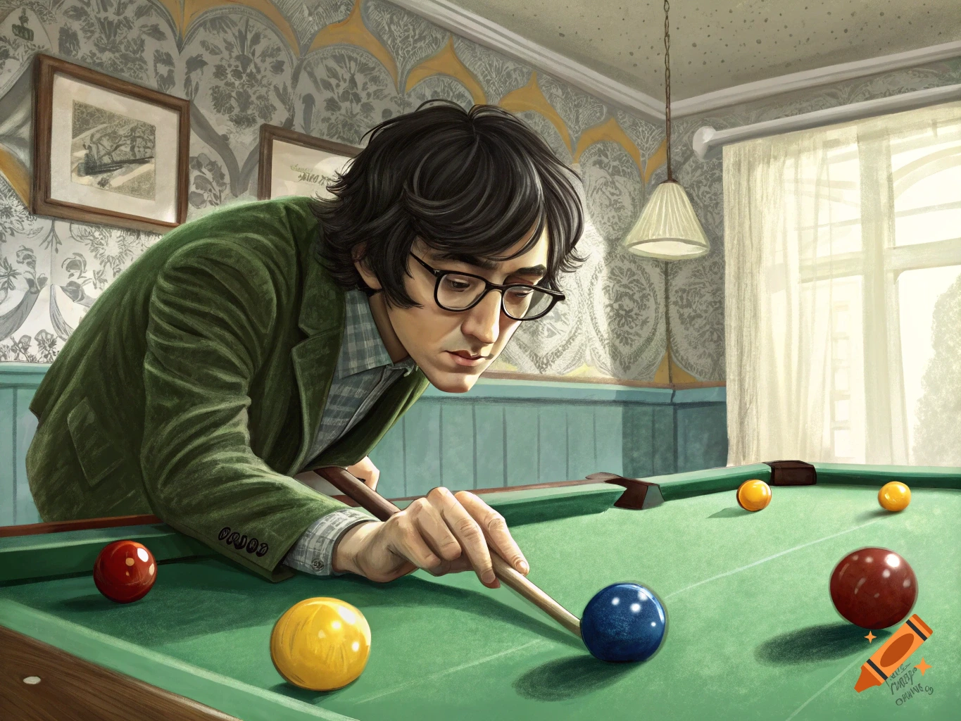 An illustration of a man in glasses leaning over a green billiard table, playing pool.
