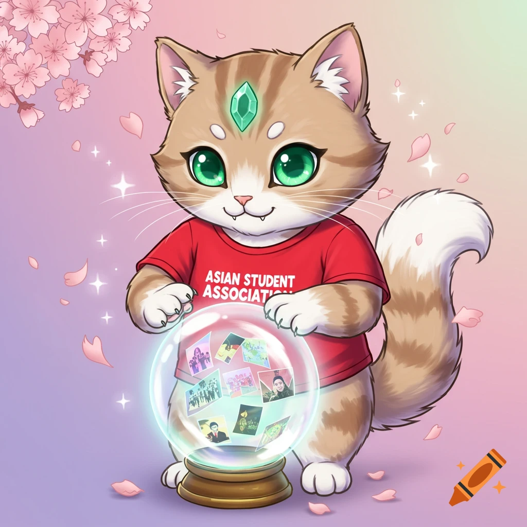Cute cartoon cat with green eyes and a gem on its forehead, wearing a red shirt, holding a crystal ball with photos, with sakura branches.