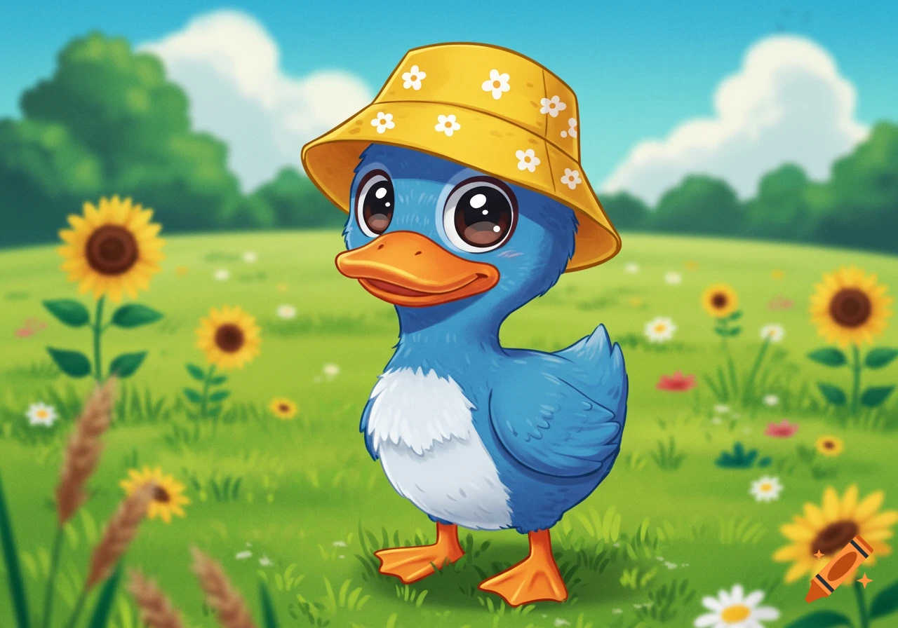 A cute cartoon blue duck wearing a yellow bucket hat stands in a field of sunflowers.