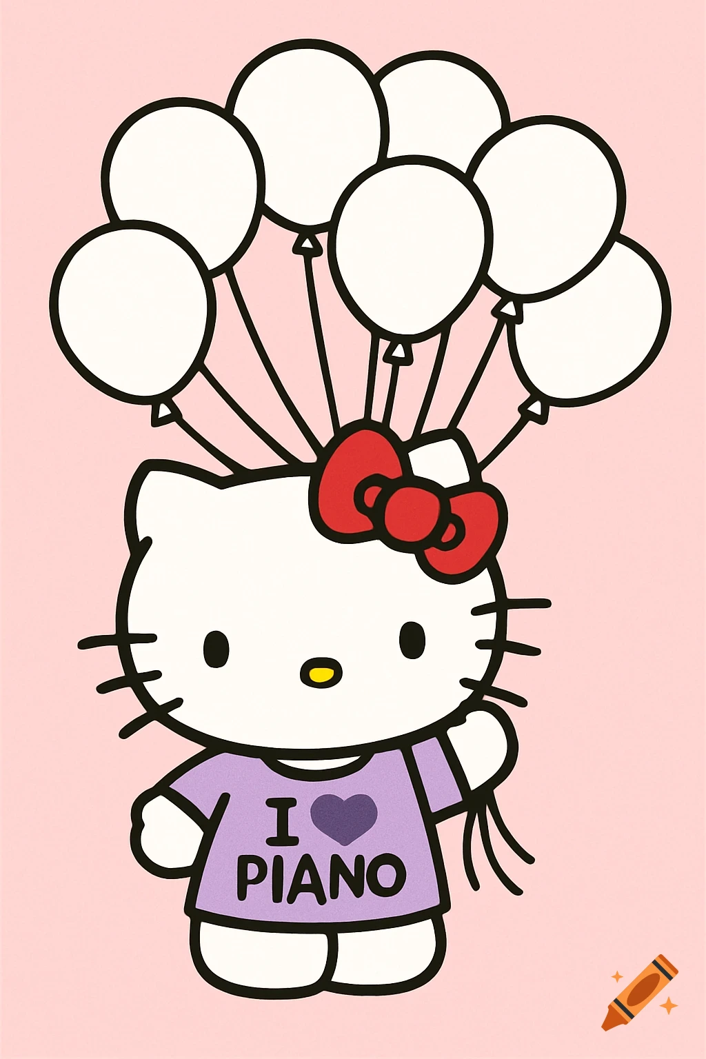 Cartoon Hello Kitty holding white balloons, wearing a shirt that says I love Piano