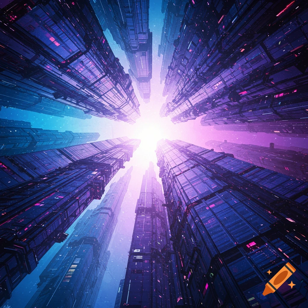 Worm's eye view of futuristic skyscrapers reaching towards a bright light in purple and blue.