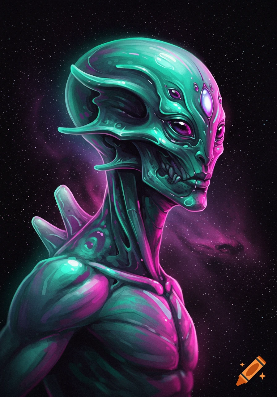 A futuristic green and pink alien head against a starry space background.