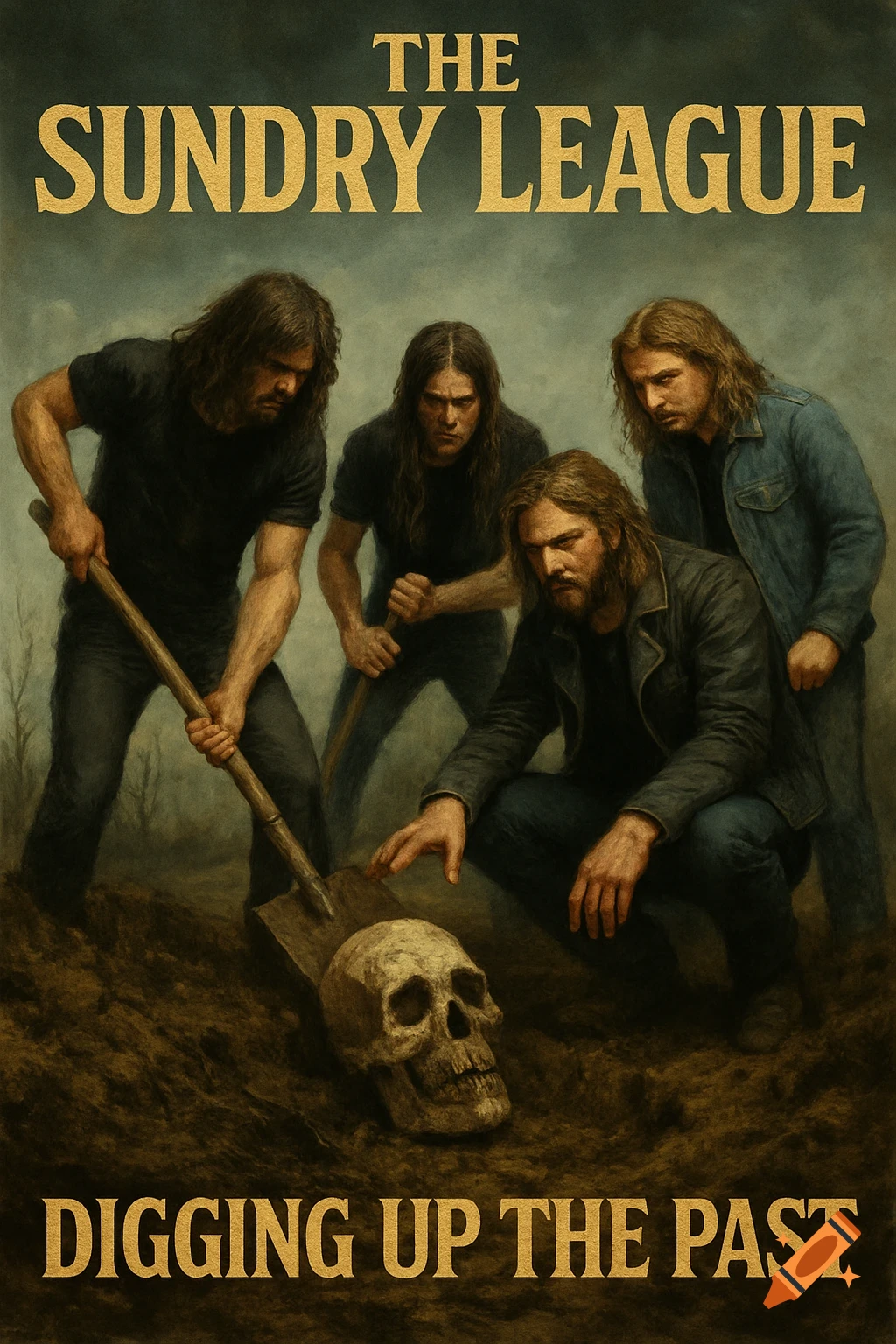 Four men digging up a skull in a field, with band name and album title text.
