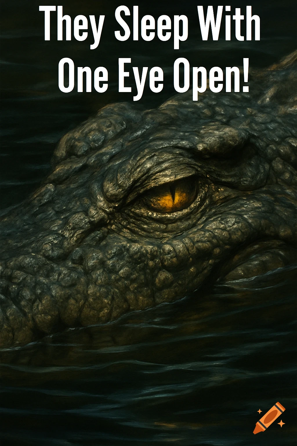 Close-up of a crocodile eye and head with text overlay "They Sleep With One Eye Open!"