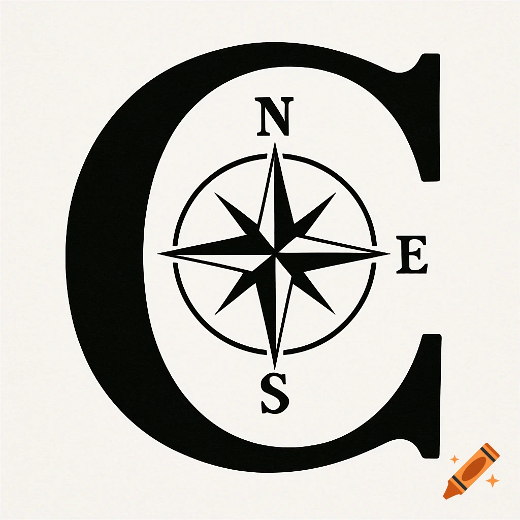 A large black letter C with a compass rose inside. The compass is labeled N, E, and S.