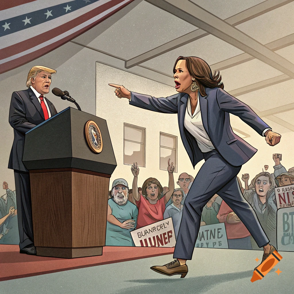 Illustration of Donald Trump at a podium while Kamala Harris points at him and runs towards the crowd with an American flag in the background.