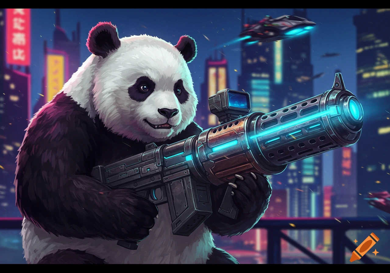 A cartoonish panda holds a large futuristic gun in a futuristic city at night.