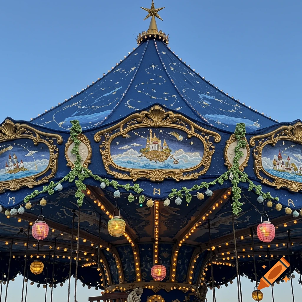Close-up of a blue carousel roof decorated with gold trim, painted fantasy scenes of castles and floating islands, stars, and hanging lanterns.