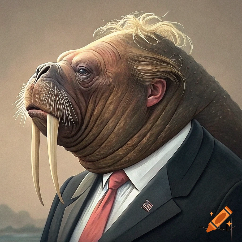 A walrus head with blond hair wearing a dark suit and red tie.