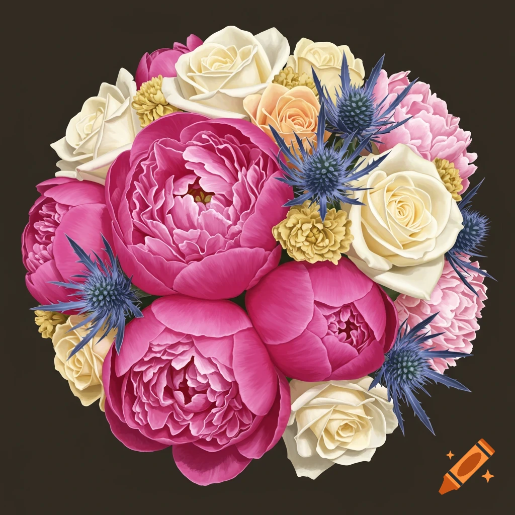 A bridal bouquet with pink peonies, white and yellow roses, and blue thistles is arranged against a dark background.