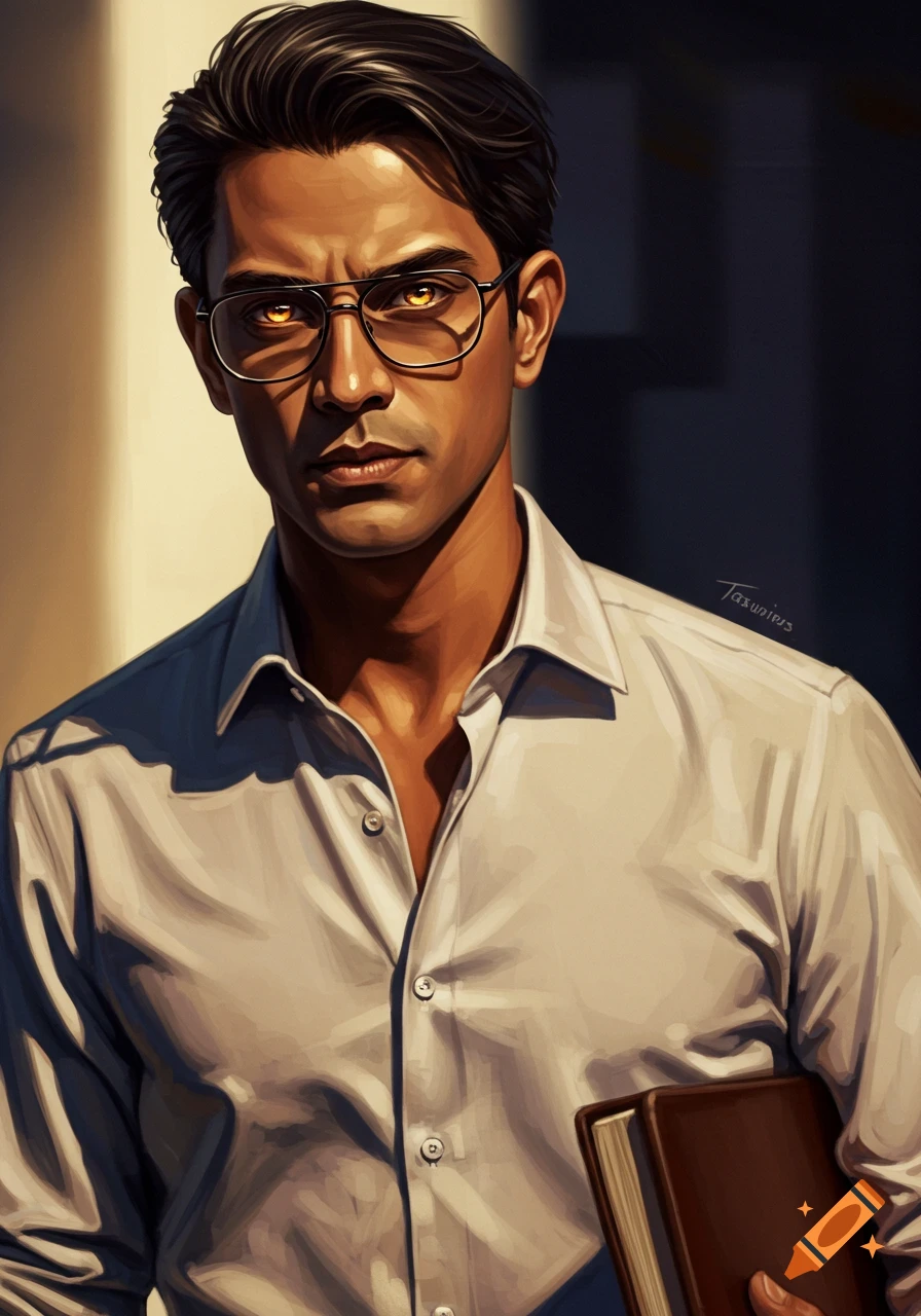 Portrait of a man with glasses, amber eyes, holding a book.