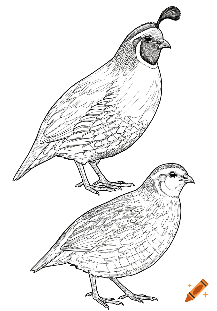 A line drawing of two quails.