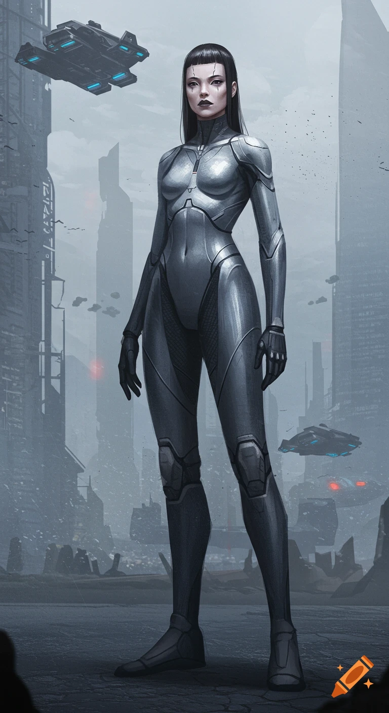 Woman in silver futuristic suit standing in a grim sci-fi city with flying vehicles.