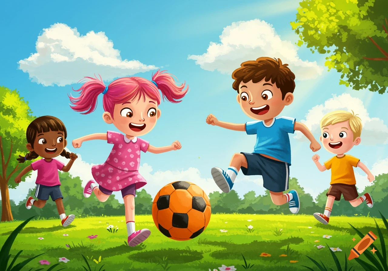 Diverse kids playing soccer in a sunny park, vibrant cartoon style.