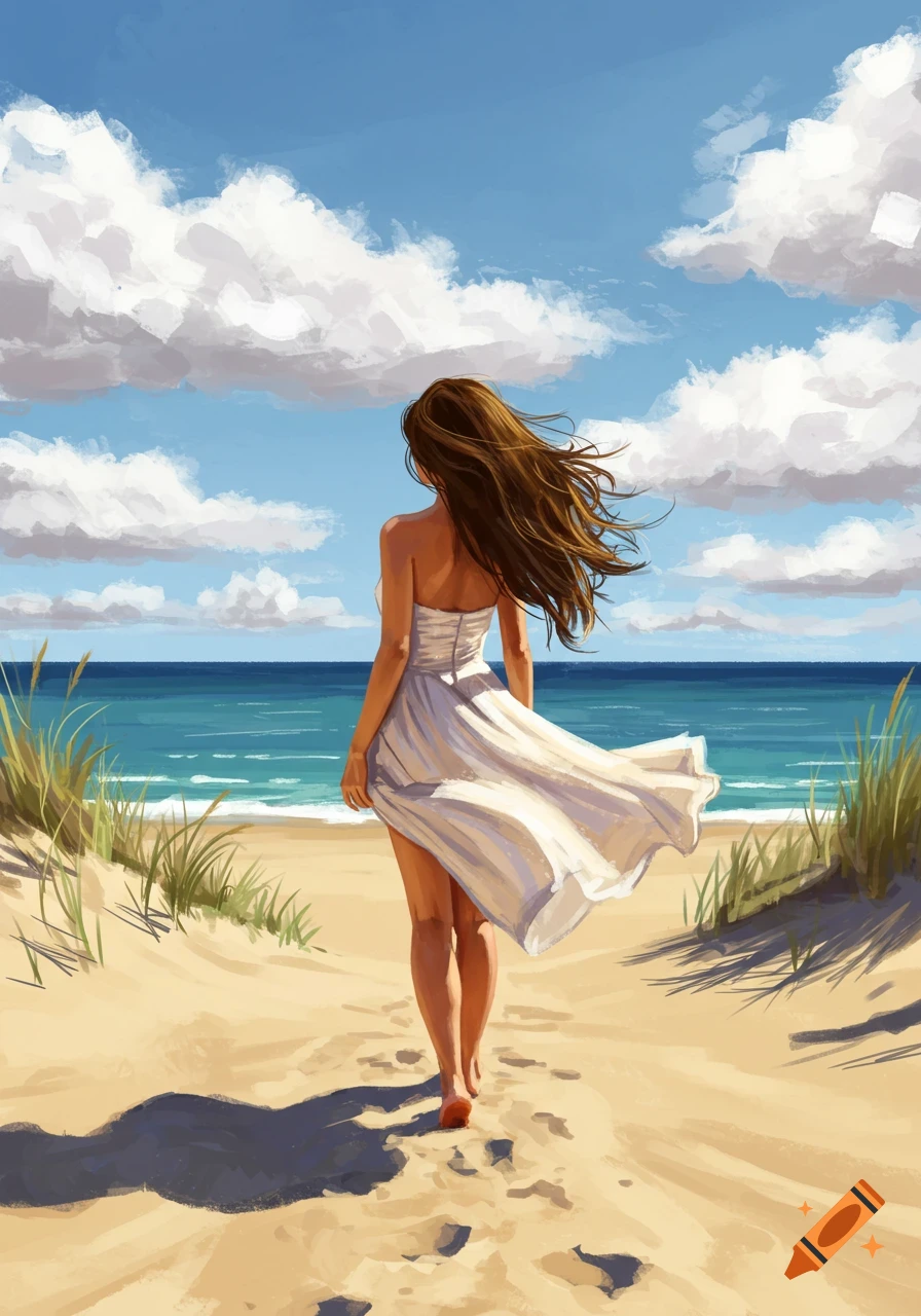 A woman in a white dress stands on a sandy path, looking out at the ocean.