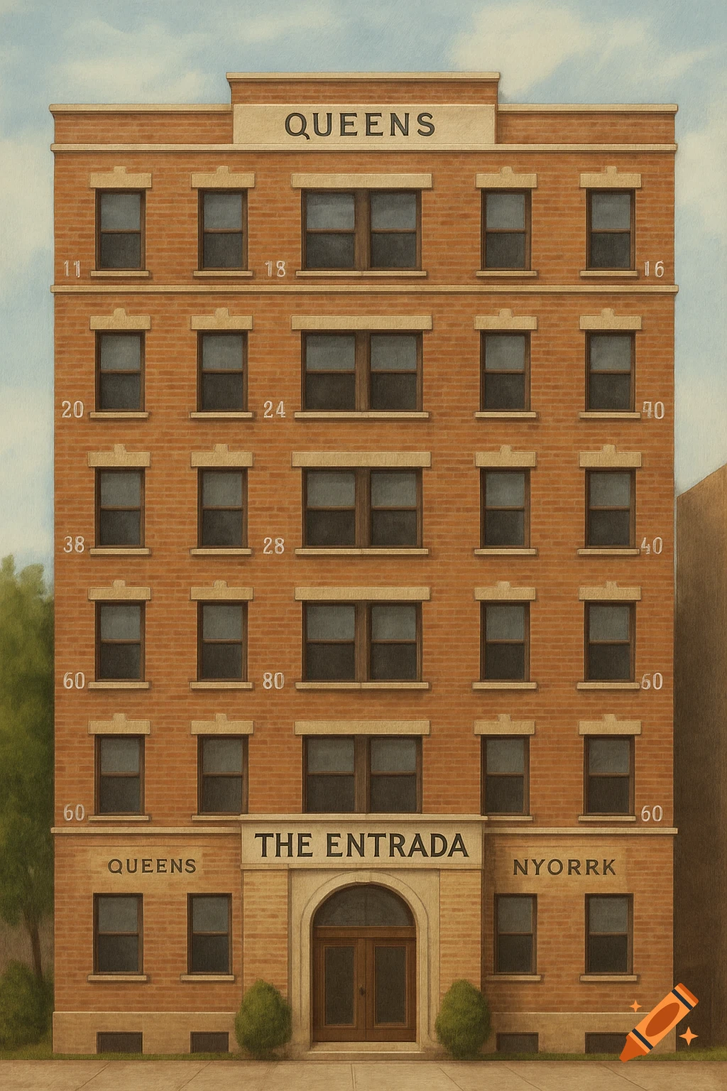A brick apartment building with signs 'QUEENS', 'THE ENTRADA', and 'NYORRK'.