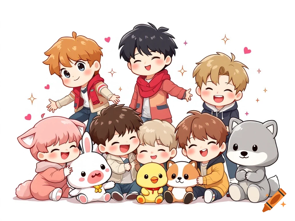 Chibi anime boys and cute animal friends smiling with hearts and sparkles.