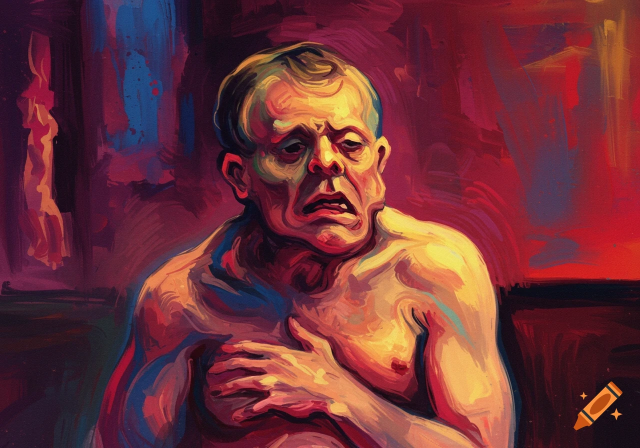 A figure in the style of Francis Bacon depicts a distorted figure clutching its chest, set against a red background.