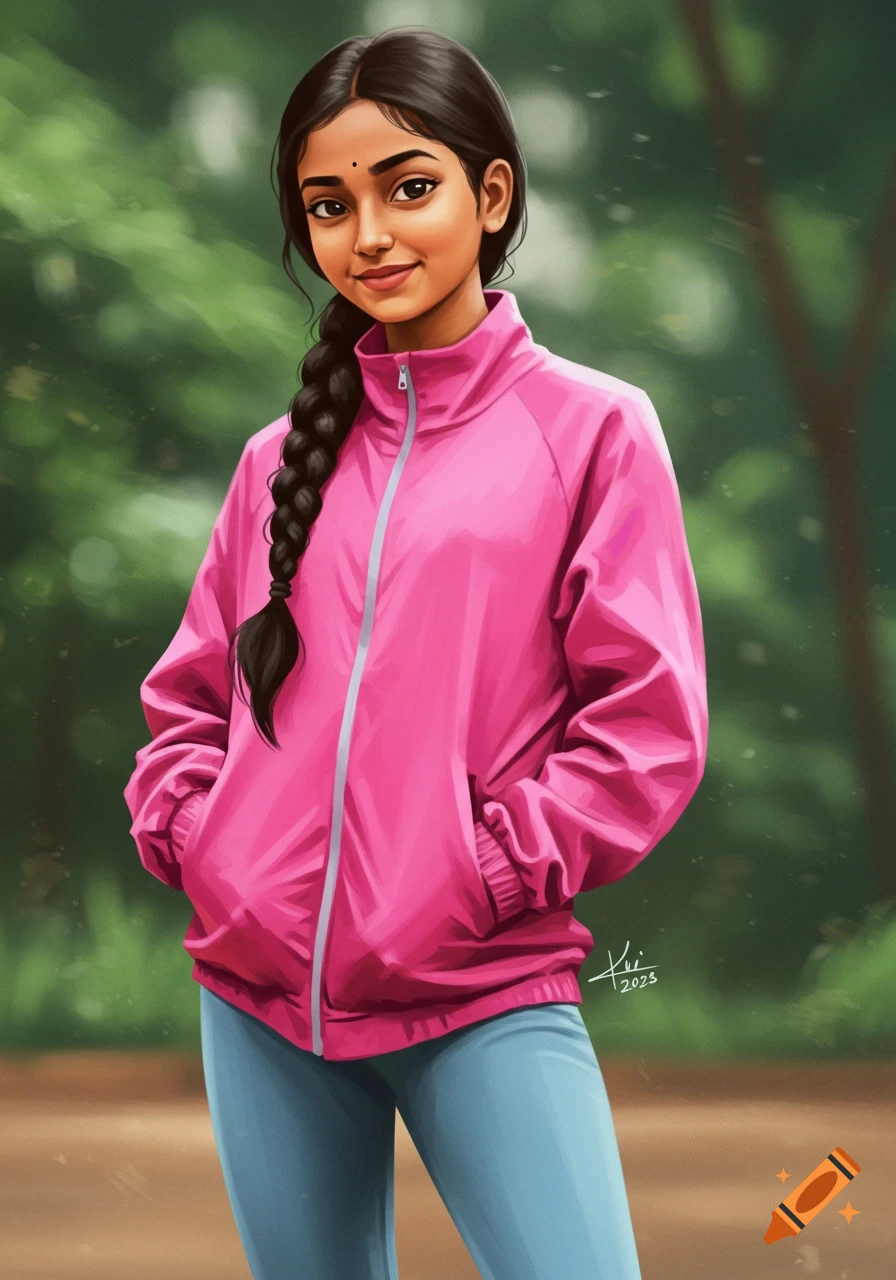 An Indian girl with a braid wears a pink jacket and blue leggings.