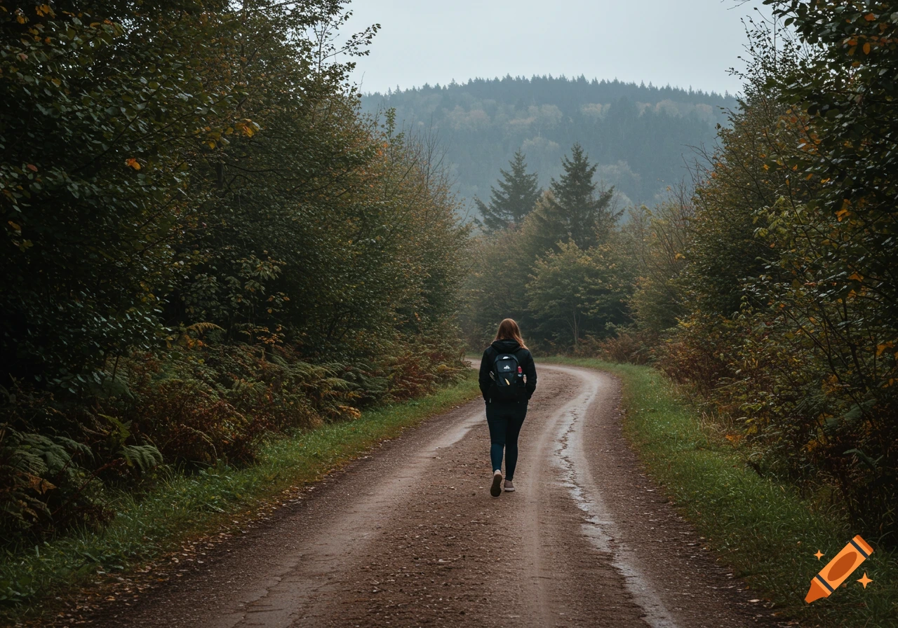 Person with backpack walks down a dirt road through a forest.