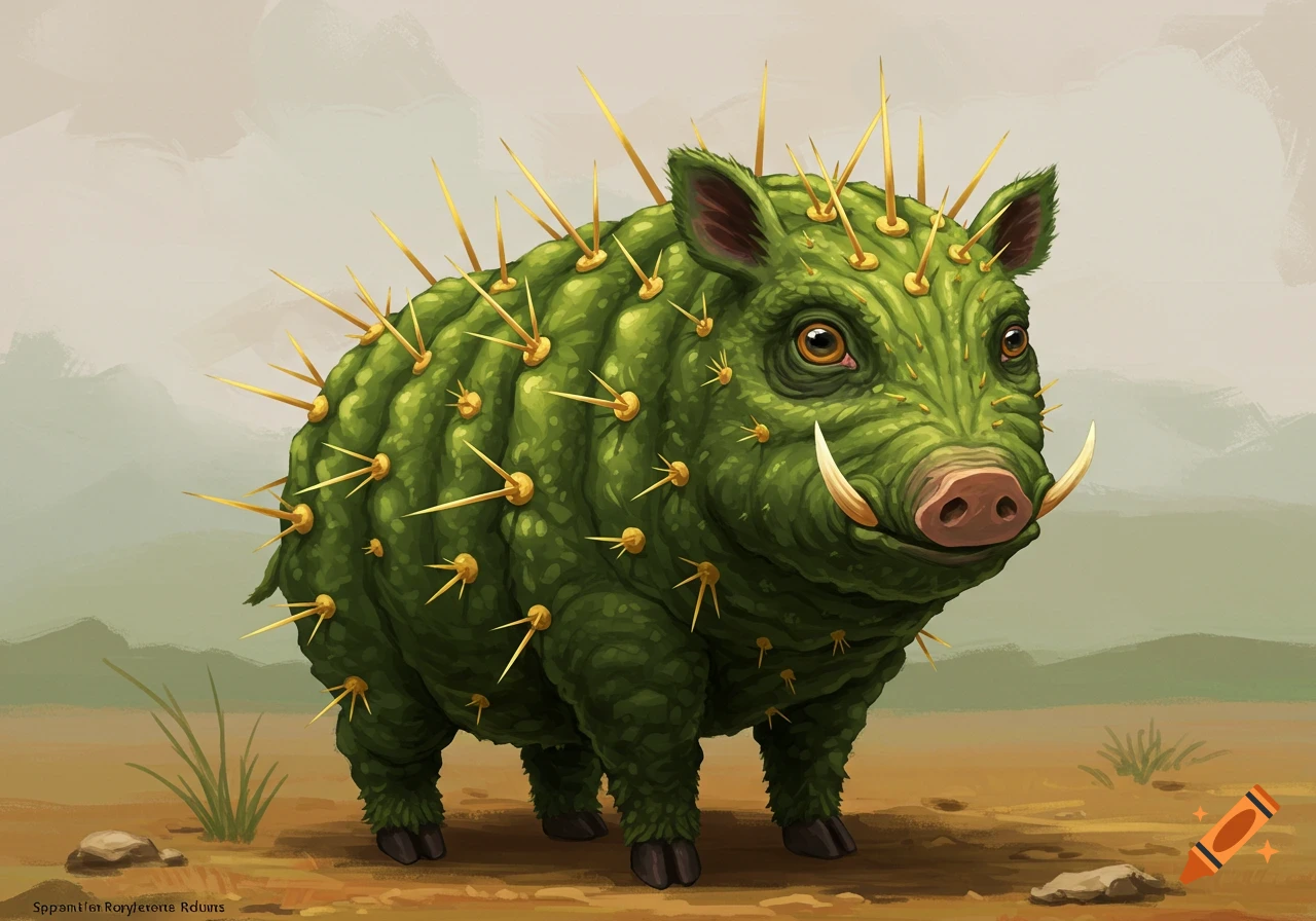 A wild boar creature covered in cactus spines stands in a desert.
