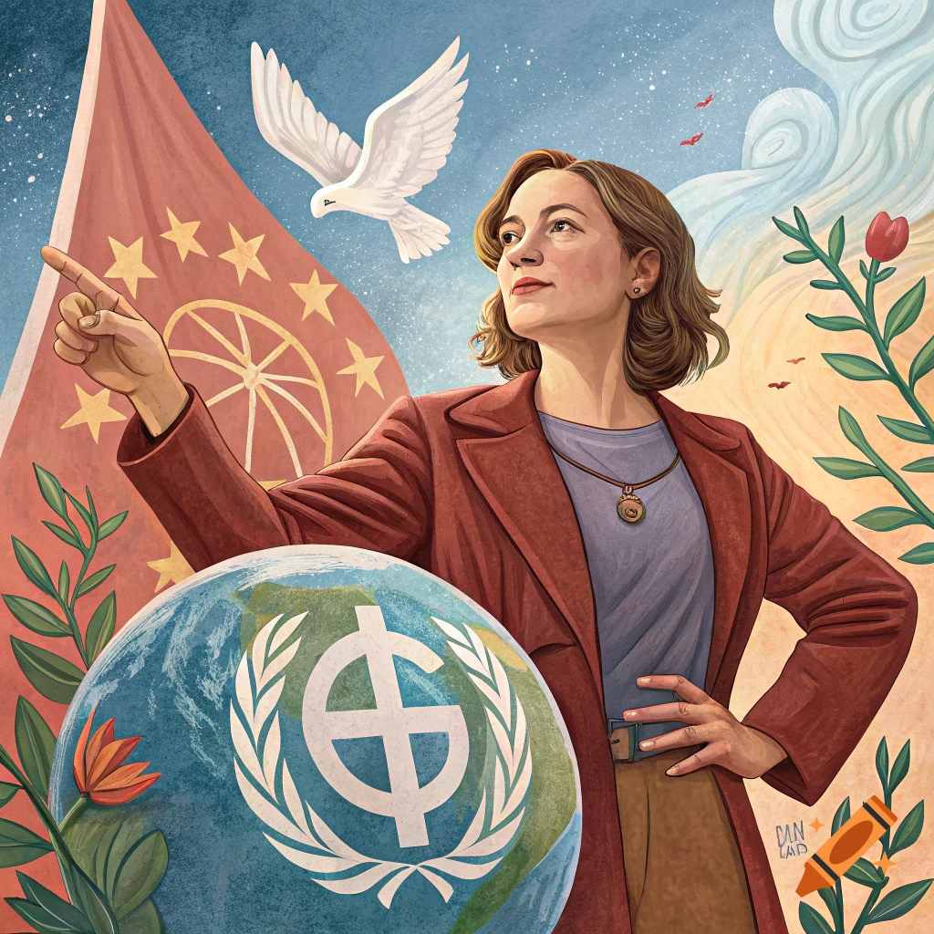 Painting of a woman pointing towards a flag, with a globe, dove, and plants, symbolizing universalism.