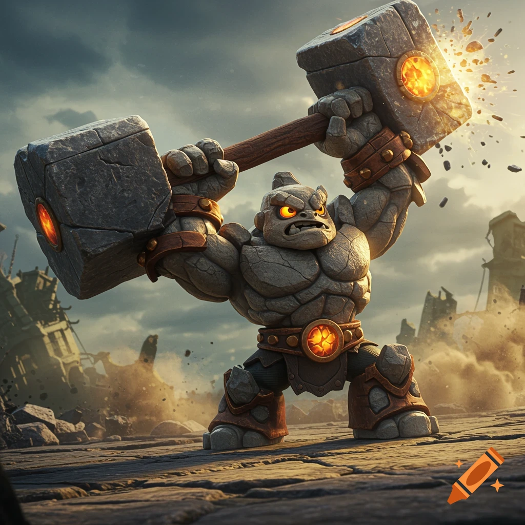 A stone monster swings a giant hammer amidst ruins under a stormy sky.