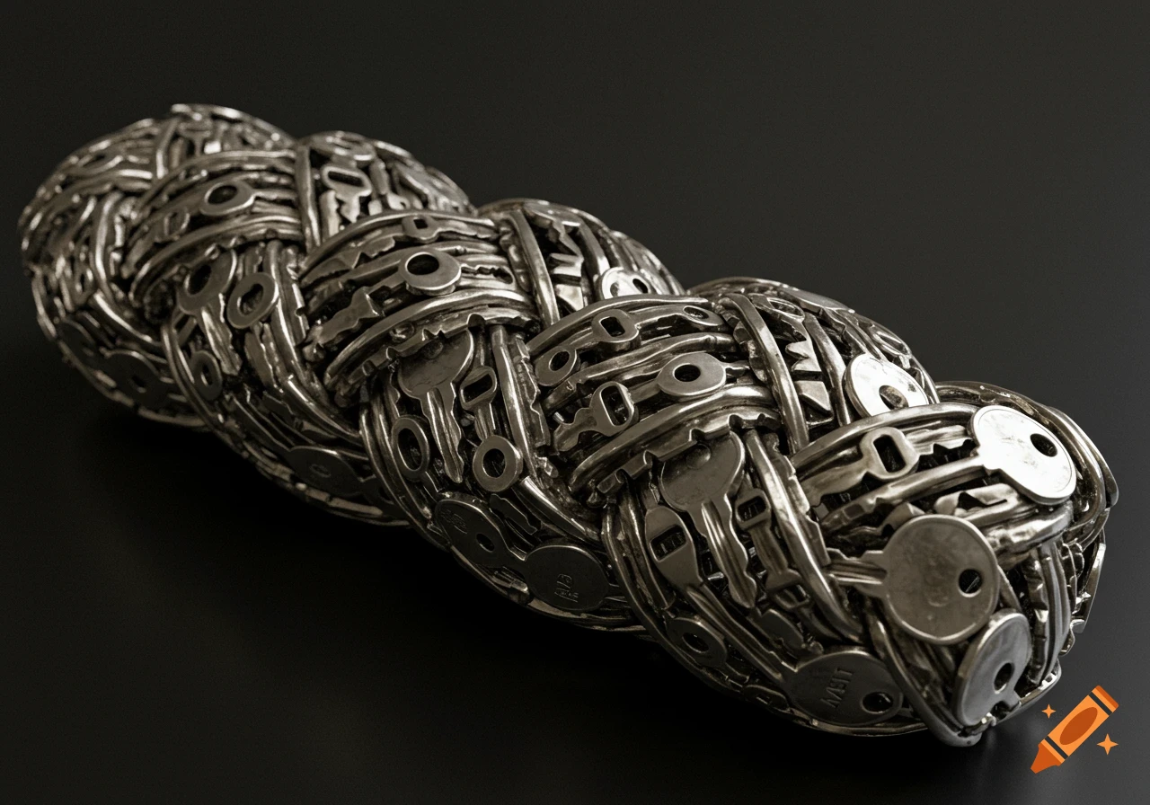 A close-up photo of a braided object made entirely of shiny metal keys.