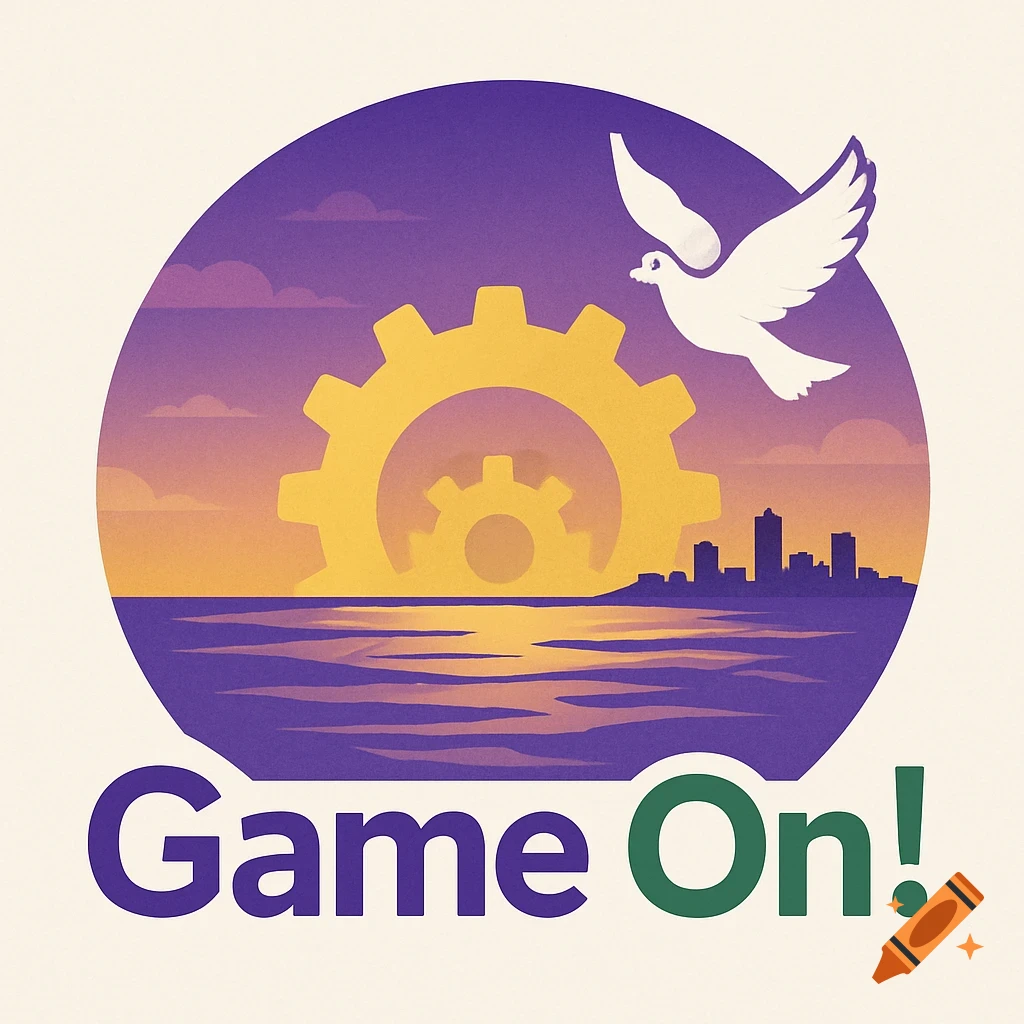 Logo with golden gear, dove, city skyline, sunset over water, and text 'Game On!'. Illustration style.